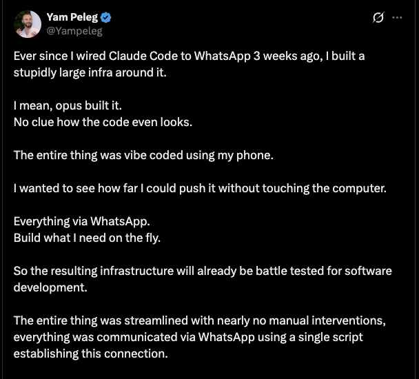 Tweet from Yam Peleg about wiring Claude Code to WhatsApp